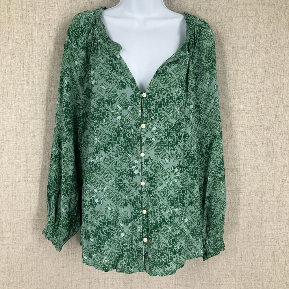 Style & Co Blouse Women Large Green Metallic Boho Scandi‎ Thyme Button Top NEW